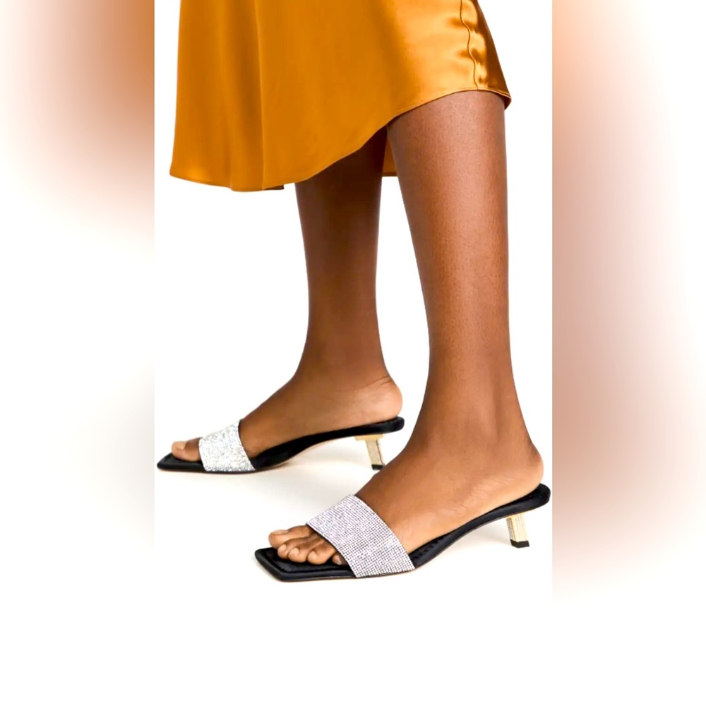 NWOT Good American Black Satin Silver Rhinestone Kitten Heel Sandals 8 SquareToe